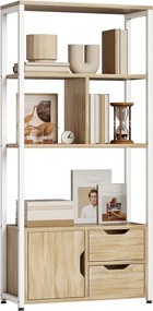 Estante para Livros com Armário e 2 Gavetas de Armazenamento para Escritório Sala de Estar 58x24x122 cm Madeira e Branco