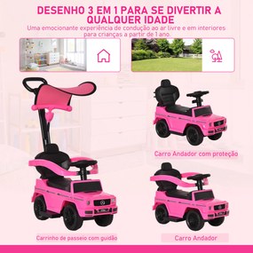 Carro Andador para Crianças Mercedes G350 com Buzina Capota Removível Encosto e Suporte de Proteção 85,5x40,5x95 cm Rosa