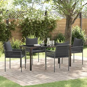 vidaXL Conjunto de 5 Peças de Jantar de Jardim com Almofadas Pretas Vime PE