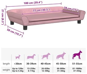 Cama para cães 100x50x21 cm veludo rosa