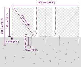 Conjunto de Postes de Cerca Prateado Preto 10x1.5m