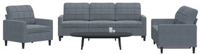 3 pcs conjunto de sofás com almofadões veludo cinzento-escuro