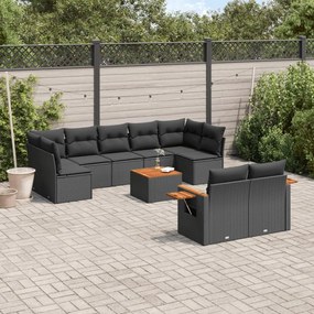 10 pcs conjunto sofás de jardim c/ almofadões vime PE preto