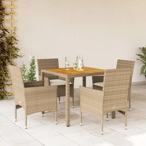 vidaXL 5 pcs conjunto jantar jardim c/ almofadões vime PE/acácia bege