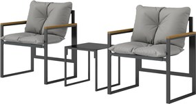 Conjunto de jardim de 3 peças para 2 pessoas, composto por 2 cadeirões, 1 mesa de centro com tampo em vidro temperado e almofadas, cinzento
