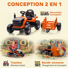 Trator elétrico para crianças com reboque amovível, comando à distância de 2,4 GHz, 139 x 58 x 55 cm, laranja