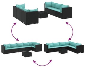 7 pcs conjunto lounge de jardim c/ almofadões vime PE preto