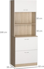 Aparador de cozinha com armário e vários compartimentos de arrumação: 2 gavetas, 1 armário + prateleira grande, 60 x 38 x 168 cm, MDF branco