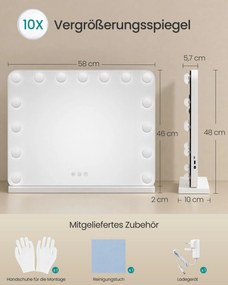Espelho de maquilhagem 48 x 58 x 5,7 cm estilo Hollywood com 15 LEDs reguláveis Branco 