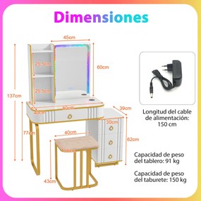 Toucador de maquilhagem RGB com espelho 4 gavetas 7 luzes LED dinâmicas 7 luzes LED estáticas Banco e portas USB tipo C para o quarto Branco