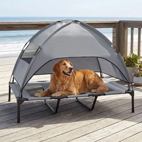 Cama Elevada para Cães com Dossel, 122,5 x 91 x 95 cm, Dossel Removível, Cinzento