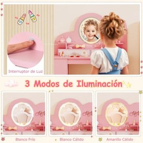 Toucador infantil com luzes e cadeira de princesa com 2 gavetas e Estante de 2 níveis, 3 ganchos e 2 prateleiras abertas Rosa