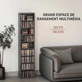 Organizador para CD e DVD com 9 compartimentos e 6 prateleiras ajustáveis; capacidade máxima de 260 CD/120 DVD; 33 x 24 x 140 cm; cinzento