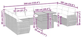 11 pcs conjunto sofás de jardim c/ almofadões vime PE bege