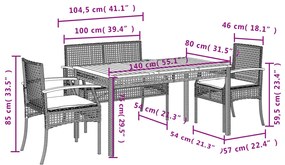 4 pcs conjunto de jantar p/ jardim c/ almofadões vime PE cinza