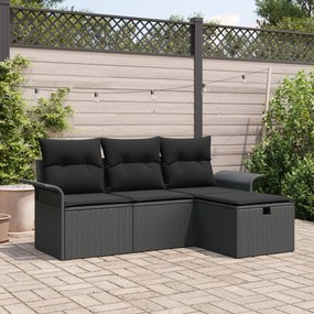 Conjunto de Sofás de Jardim de 4 Peças com Almofadas Preto Rattan Poli