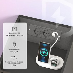 Mesa de Cabeceira com Luzes LED Gaveta 40x40x58 cm com Estação de Carregamento Entrada USB e Controlo Remoto Preta