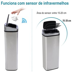 HOMCOM Balde de Lixo Inteligente de Aço Inoxidável 50L com Sensor Infravermelho de Abertura Automática para Cozinha Dormitório Casa de Banho 33x25x84 cm Prata e Preto