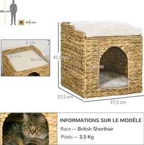 Compartimento aberto para gatos de 2 andares com 2 almofadas em jacinto-d'água - 37,5 x 37,5 x 41,5 cm castanho-creme