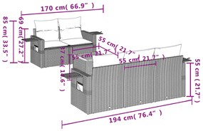 6 pcs conjunto sofás de jardim com almofadões vime cinzento