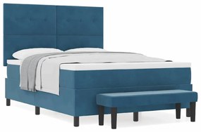 Cama Box Spring com Colchão &amp; Banco Azul Escuro 140x190 cm Veludo