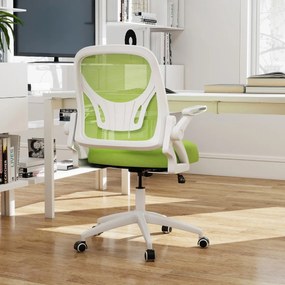Cadeira de escritório ergonómica com apoio lombar integrado, apoios de braços rebatíveis, rodas universais, altura ajustável, Verde