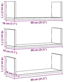 Prateleiras de parede 3 pcs 80x18x18 cm deriv. de madeira preto