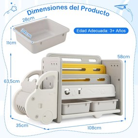 Armário de armazenamento para brinquedos com tema de carros, com prateleira de 3 níveis, 2 caixas de armazenamento, 108 x 35 x 63,5 cm, cinzento