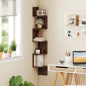 Estante de canto 20 x 20 x 126 cm de 5 níveis Organizador de armazenamento montado na parede para sala, quarto e cozinha Castanho