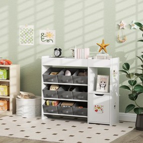 Móvel de arrumação infantil com prateleiras para brinquedos, com 9 gavetas em tecido e armário, branco