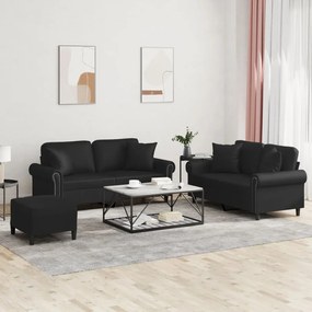 3202165 vidaXL 3 pcs conjunto de sofás com almofadas couro artificial preto