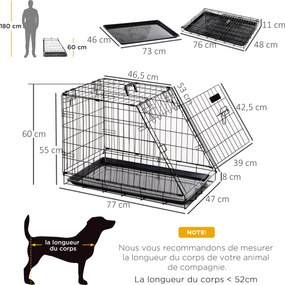 Gaiola de transporte para cães, tamanho L, dim. 78 x 47 x 55 cm, metal preto