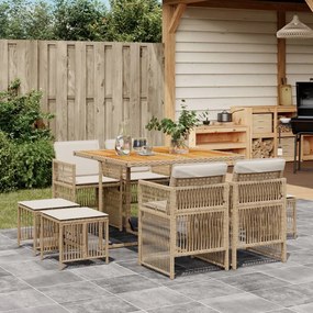 vidaXL 9 pcs conjunto de jantar p/ jardim com almofadões vime PE bege