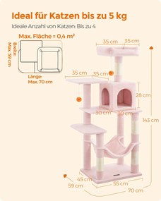 Arranhador Gatos para arranhar com 143 cm de altura com 2 plataformas e rede cor-de-rosa pastel