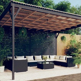 vidaXL 11 pcs conjunto lounge de jardim c/ almofadões vime PE preto