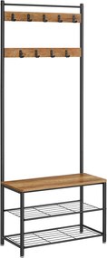 Cabide com sapateiras VASAGLE HSR041B41, sapateira com assento para corredor, com ganchos, 3 prateleiras, metal, altura 177 cm, design industrial, marrom nogueira/preto