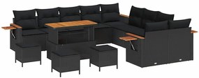 Conjunto de Sofá de Jardim de 14 Peças com Almofadas Preto Polirattan