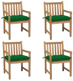 vidaXL Cadeiras de jardim c/ almofadões verdes 4 pcs teca maciça