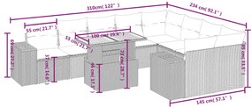 10 pcs conjunto sofás de jardim c/ almofadões vime PE preto