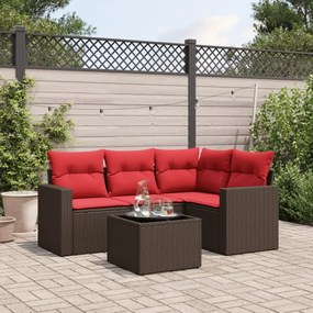 vidaXL 5 pcs conjunto sofás p/ jardim c/ almofadões vime PE castanho