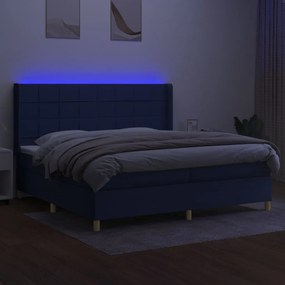 Cama box spring c/ colchão e LED 200x200 cm tecido azul