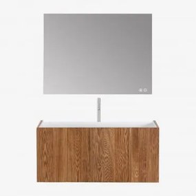 Conjunto De Móvel De Casa De Banho Suspenso 120x50 Cm Em Madeira Com Lavatório Integrado Fiore Castanho Fresno & Retangular Led - Sklum