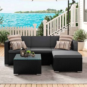 Conjunto de móveis de jardim com almofadas e mesa de vidro preto-cinzento