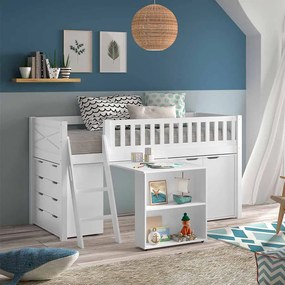 Conjunto cama Infantil SCOTT + Secretária, + Armário 2 + Cómoda com 4 gavetas Branca