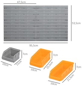 Prateleira de Parede Organizador de Ferramentas com 28 Caixas Empilháveis ​​e Ganchos 95,5x22,5x53,5 cm Cinza e Laranja