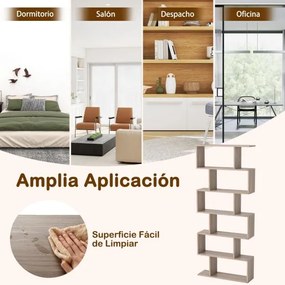 Estante de livros 80 x 23 x 191 cm de 6 níveis em forma de S de madeira para escritório ou sala de estar Cinzento