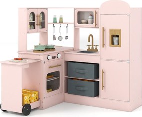 Cozinha de brincar de canto com luzes e sons, bancada retrátil, inclui lava-louças, fogão, frigorífico e acessórios para maiores de 3 anos, cor rosa