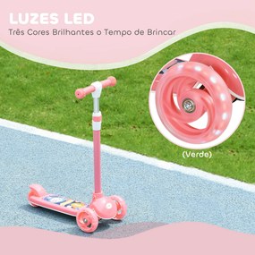 Trotinete para Crianças Trotinete com 3 Rodas LED Altura Ajustável Carga 25 kg 52x29x63-76 cm Rosa