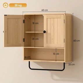 Armário de parede para casa de banho 60 L x 20 P x 60 A cm, móvel suspenso com 2 portas, prateleira aberta, toalheiro, cor carvalho