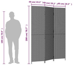 Biombo de divisão 3 painéis vime PE cinzento